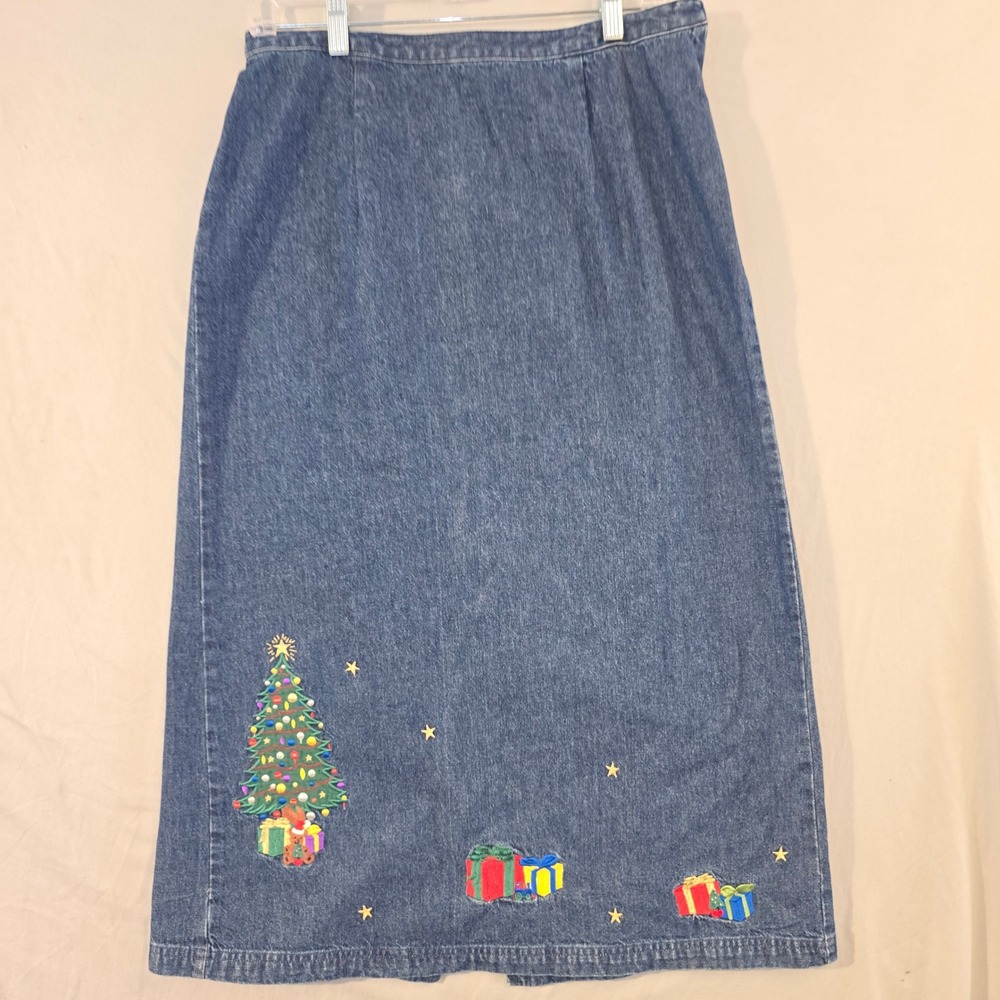 Unbranded Denim Skirt 30W Womens Blue Christmas Tree Embroidered Midi Holiday